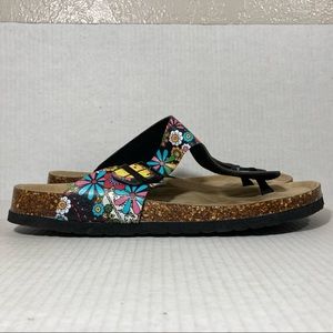 Maibulun Signature T-Strap Black Floral Footbed Thong Flip Flop Sandals Sz 12